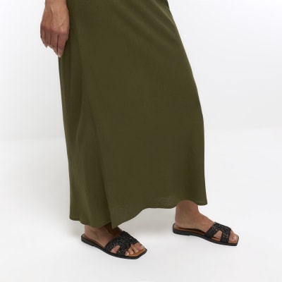 Khaki midi skirt with linen | River Island