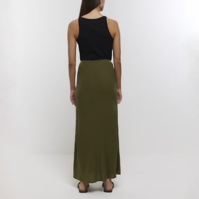 Khaki midi skirt with linen | River Island