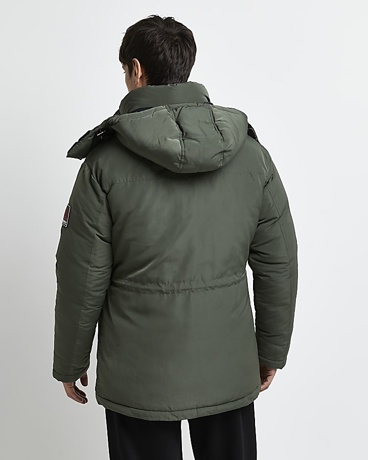 Khaki multi pocket hooded parka jacket