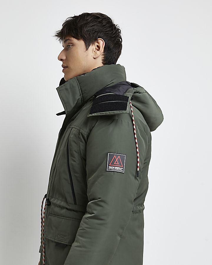 Khaki multi pocket hooded parka jacket