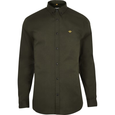 Khaki muscle fit embroidered Oxford shirt