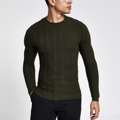 Khaki muscle fit rib knitted jumper River Island