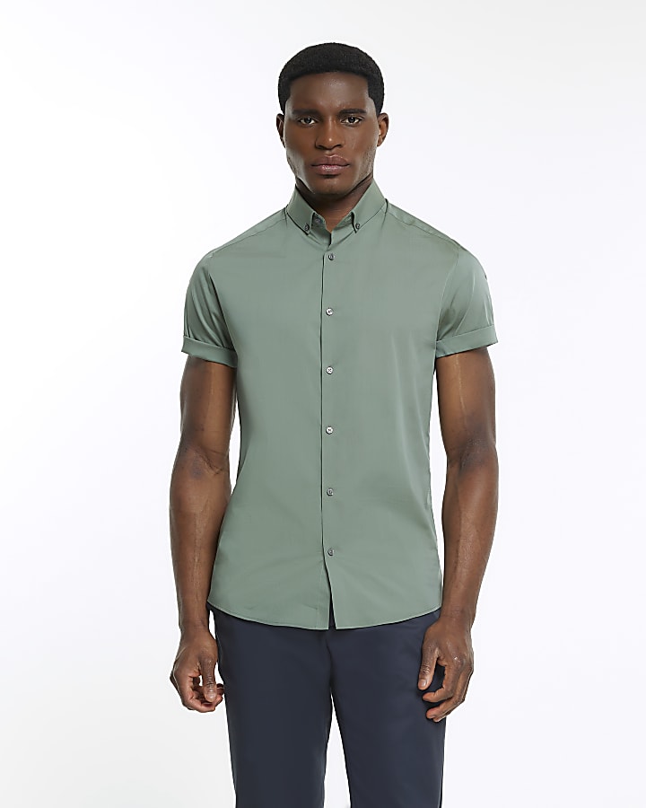 Khaki muscle fit rolled sleeve shirt