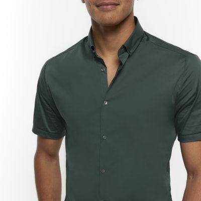Khaki muscle fit short sleeve shirt