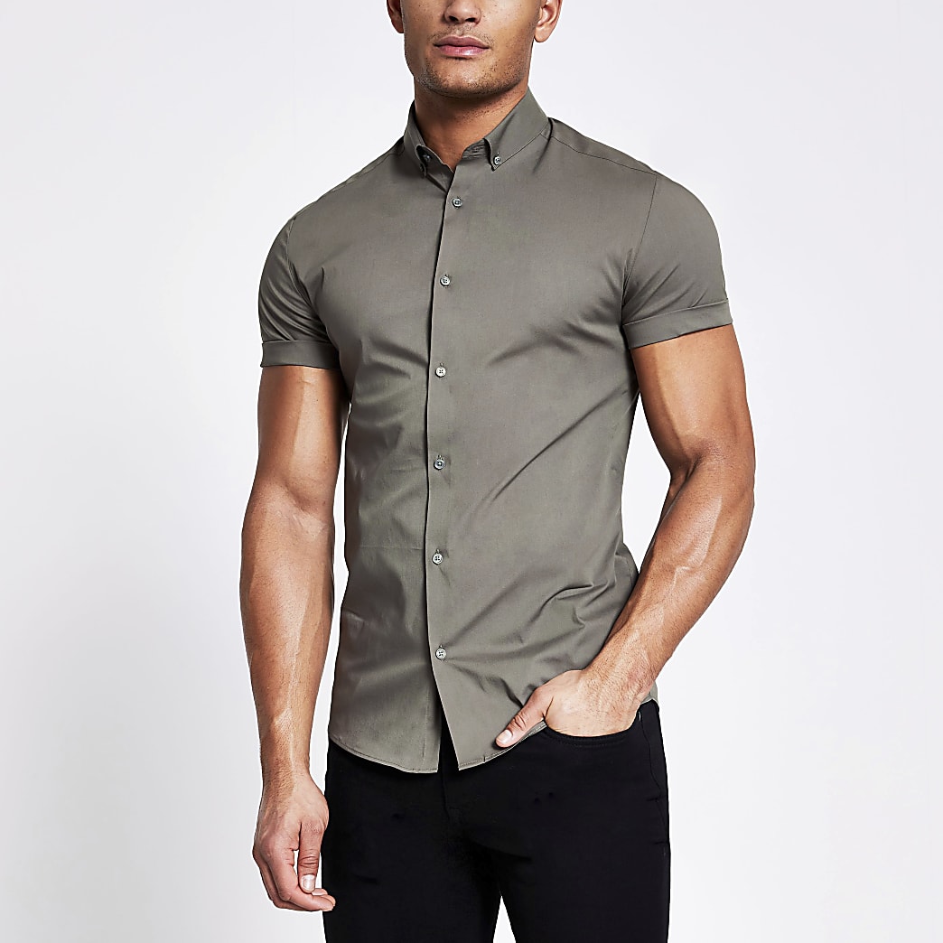 Khaki muscle fit short sleeve shirt | River Island