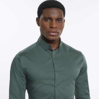 Khaki muscle fit smart shirt River Island