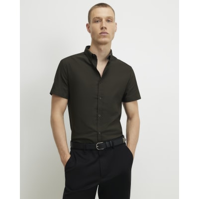 Khaki Muscle Fit Textured Cotton Blend Shirt