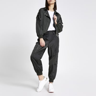 Khaki nylon paperbag drawstring trousers