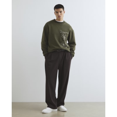 Khaki Oversized Fit Flower Sweatshirt