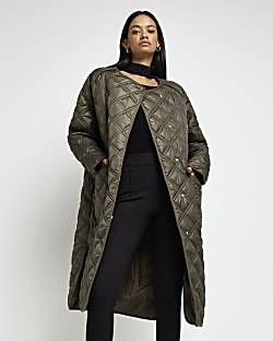 Khaki oversized longline puffer coat