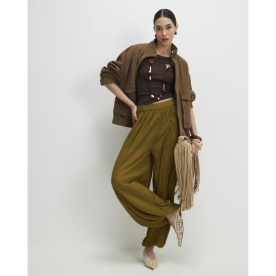 Khaki Pleated Mesh Balloon Leg Trousers