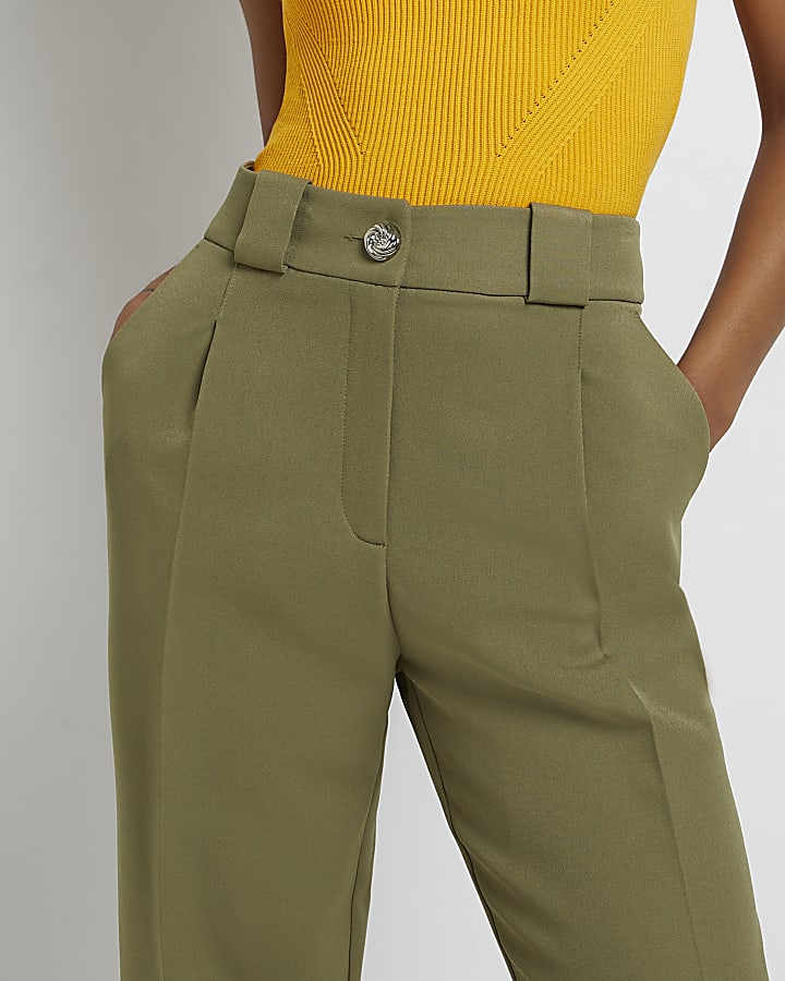 Khaki pleated tapered trousers