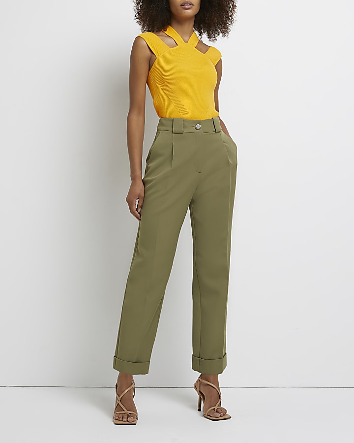Khaki pleated tapered trousers