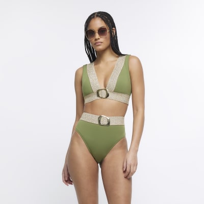 Khaki plunge bikini top