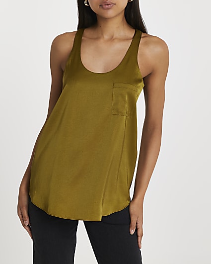 *CLEARANCE* Women's Basic Sheer Chiffon Racer Tank Top Shirts with Front Pocket