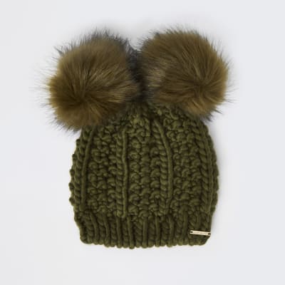 Khaki pom cable knitted beanie hat Island