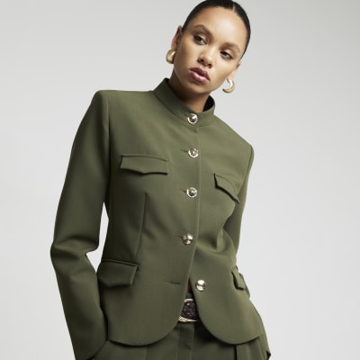 Khaki premium button up crepe military jacket River Island