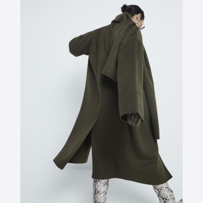 Khaki Premium Wool Blend Scarf Coat River Island