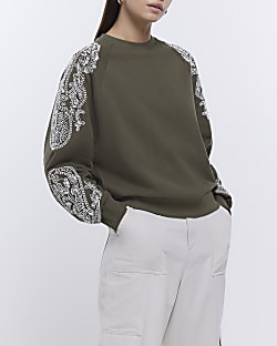 Khaki printed sleeve sweatshirt