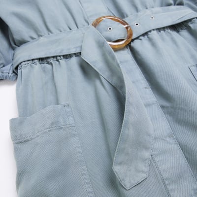 Khaki puff sleeve mini shirt dress