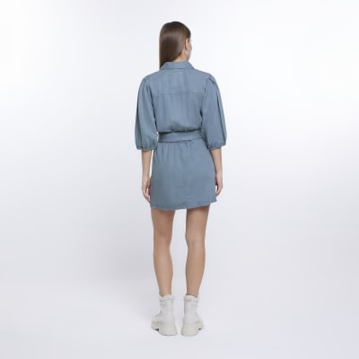 Khaki puff sleeve mini shirt dress