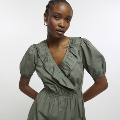 Khaki puff sleeve wrap midi dress
