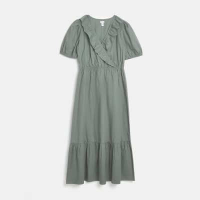 Khaki puff sleeve wrap midi dress