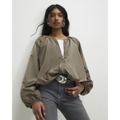 Khaki Puff Sleeve Zip Through Jacket