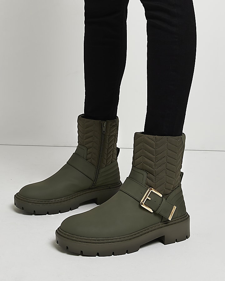 Khaki quilted ankle boots
