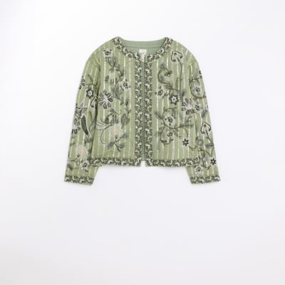 Khaki quilted embroidered floral jacket | River Island