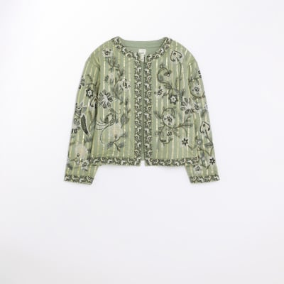 Khaki quilted embroidered floral jacket River Island