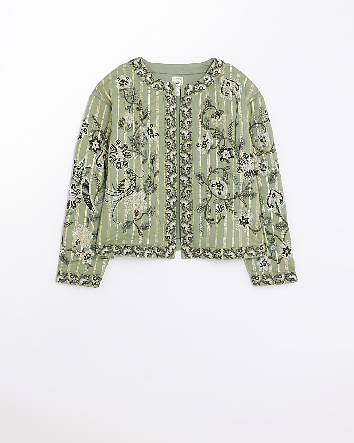 Khaki quilted embroidered floral jacket | River Island