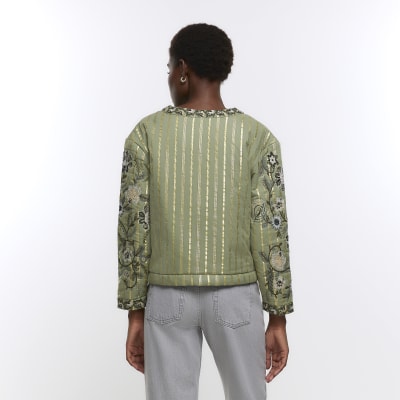 Khaki quilted embroidered floral jacket | River Island