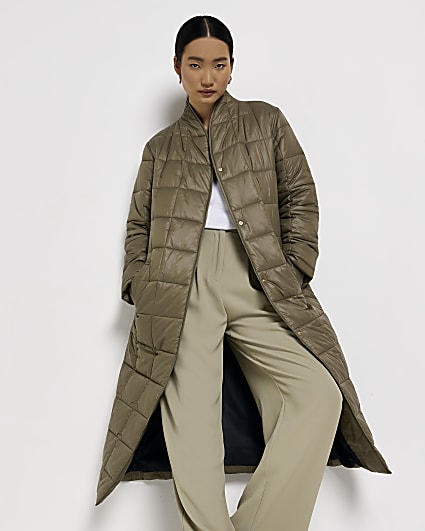 Khaki quilted padded longline coat