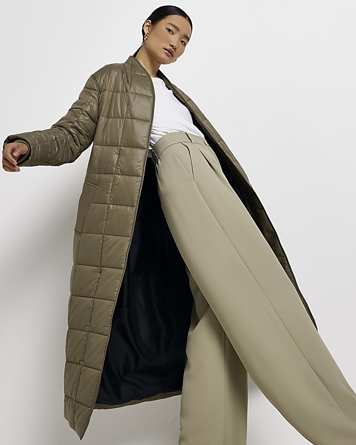 Khaki quilted padded longline coat