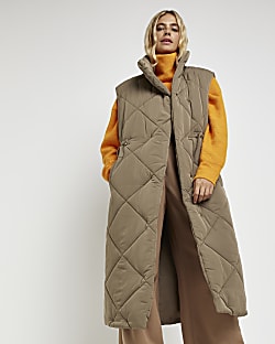 Khaki quilted padded longline gilet
