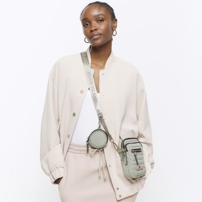 Khaki quilted phone cross body bag River Island