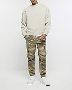 Khaki regular fit camo cargo trousers