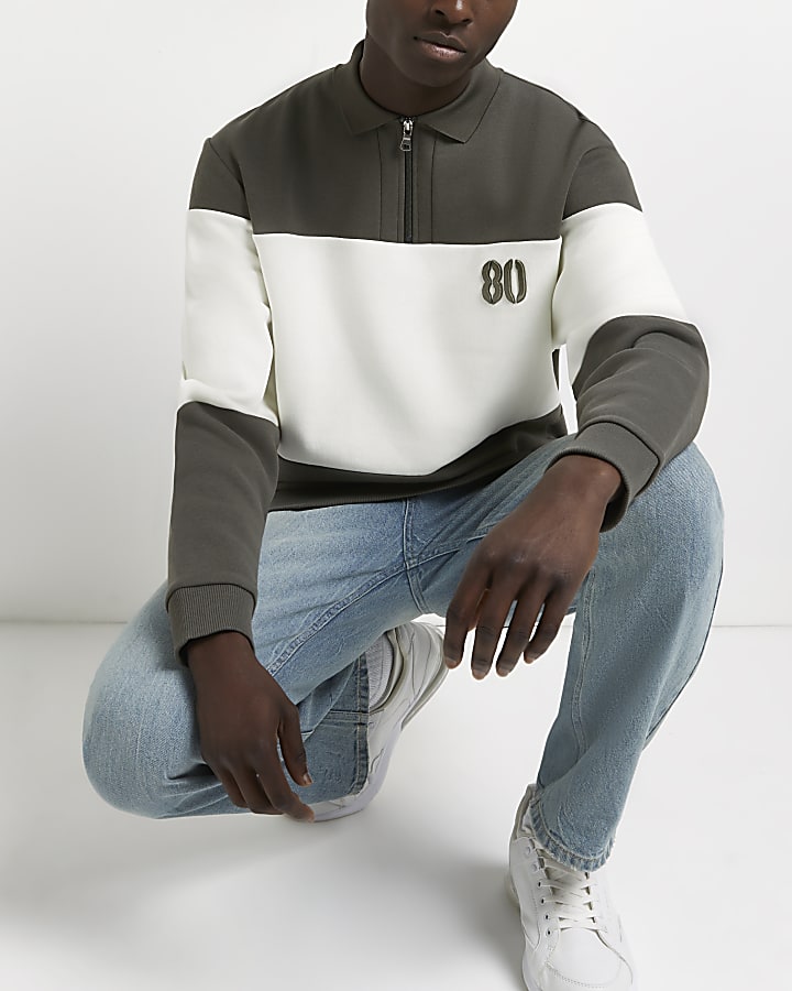 Khaki regular fit colour block sweatshirt