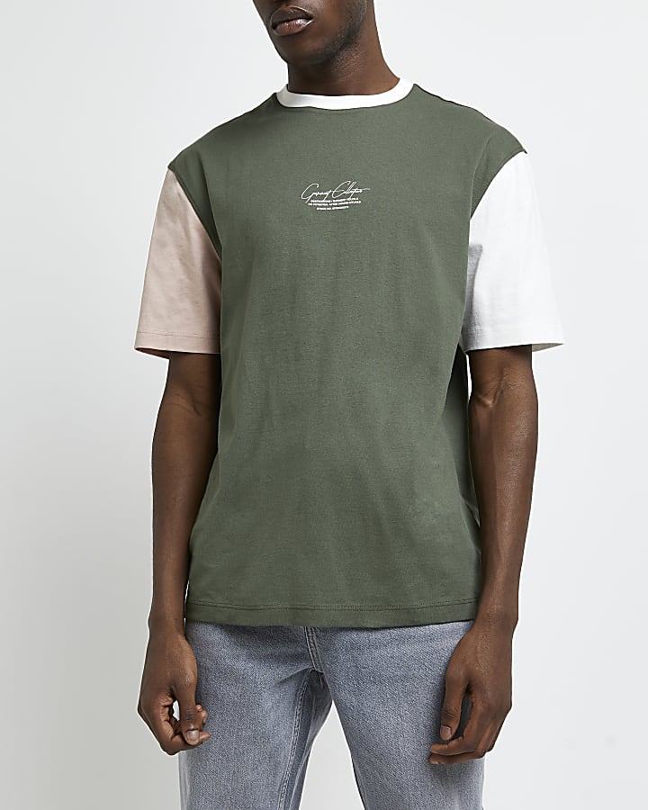 Khaki regular fit colour block t-shirt