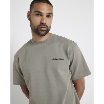 Khaki regular fit embroidered t-shirt | River Island