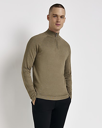 Khaki Regular fit Half Zip detail jumper