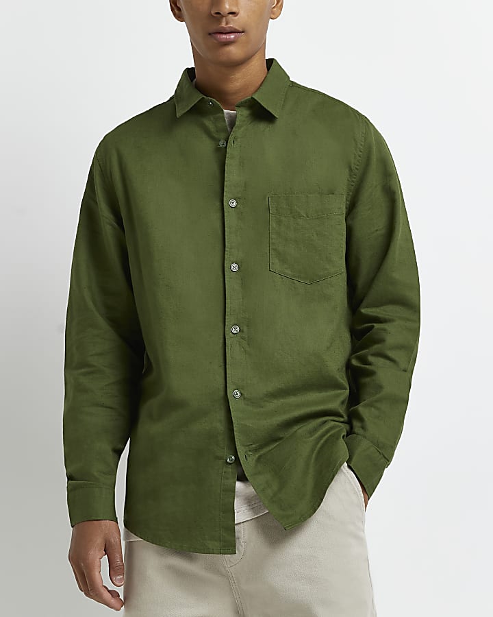 Khaki regular fit linen mix long sleeve shirt