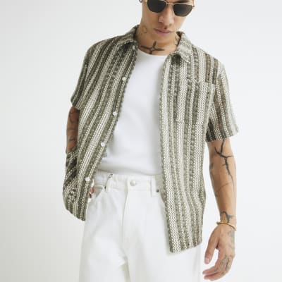 Khaki Regular Fit Striped Crochet Shirt