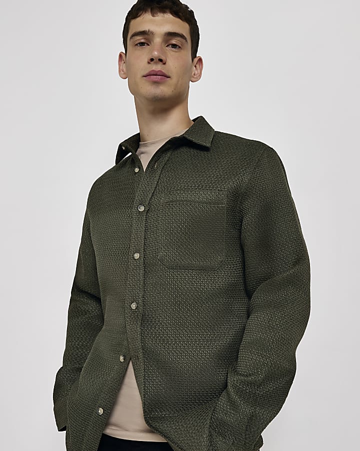 Khaki Regular fit textured long sleeve shirt