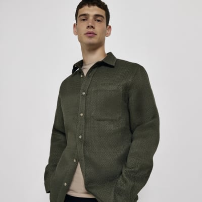 Khaki Regular fit textured overshirt