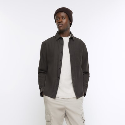 Khaki regular fit twill long sleeve shirt