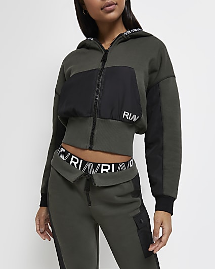 Khaki RI Active cropped zip up hoodie