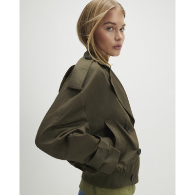 Khaki Rib Hem Cropped Trench Jacket