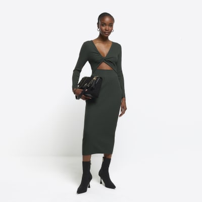 Khaki Rib Knot Bodycon Midi Dress River Island